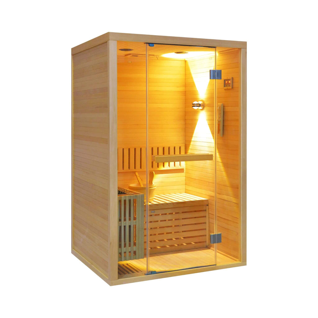 Thermora Premium 2-Person 3KW Hemlock Wood Sauna With LED Wall Light (SAK28471) - Saksby Wholesale - Front Side View