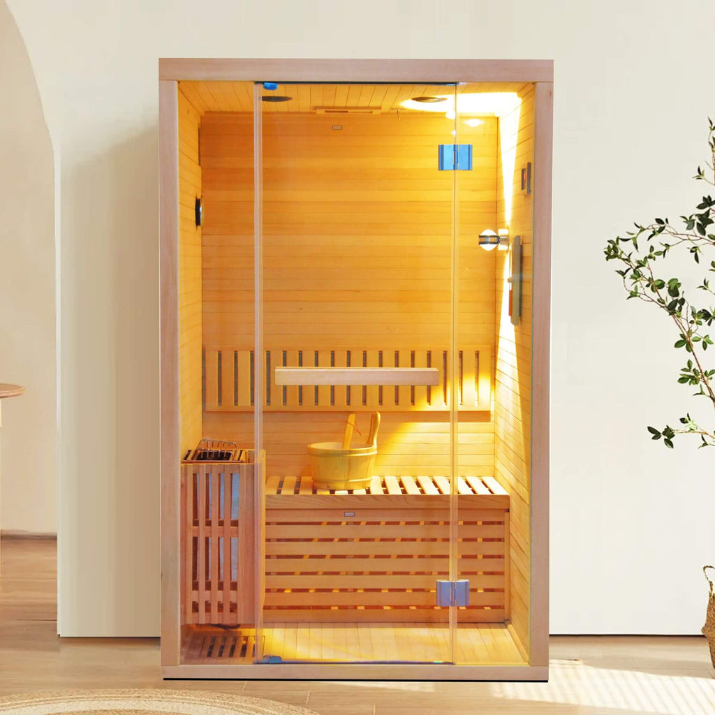 Thermora Premium 2-Person 3KW Hemlock Wood Sauna With LED Wall Light (SAK28471) - Saksby Wholesale   - Lifestyle Image