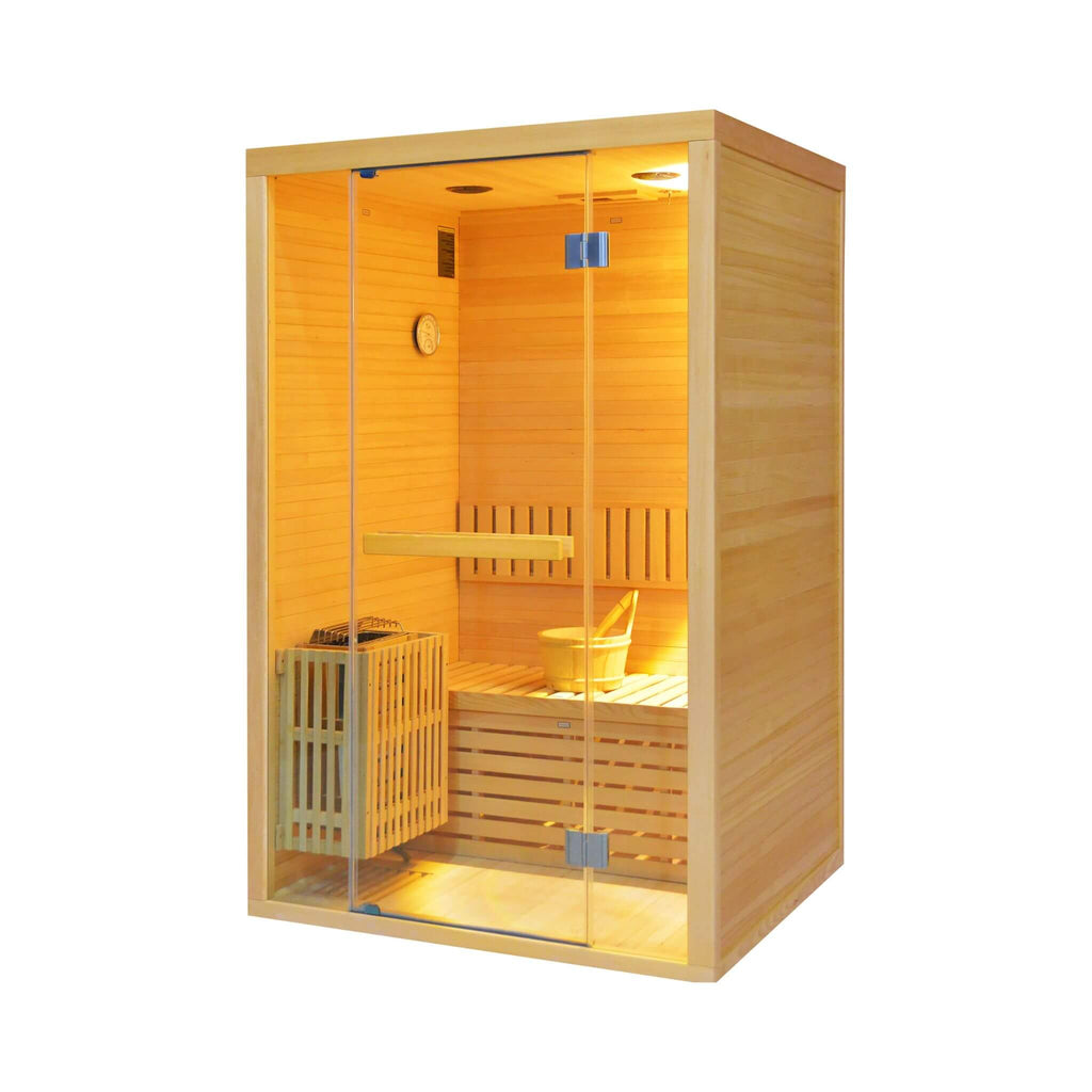 Thermora Premium 2-Person 3KW Hemlock Wood Sauna With LED Wall Light (SAK28471) - Saksby Wholesale - Side View