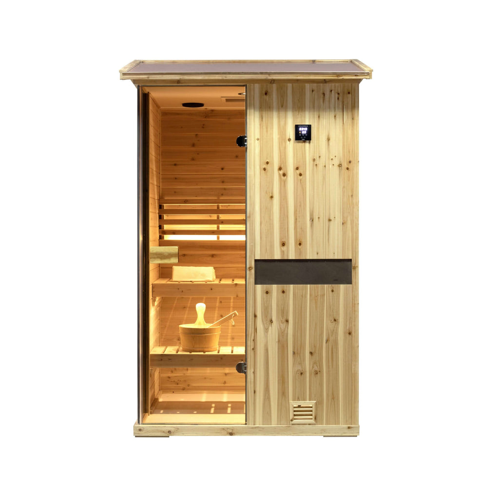 Thermora Premium 2-Person Outdoor Wooden Steam Sauna Room With Smart Control Panel And Bluetooth Audio (SAK52918) - Saksby Wholesale - Front VIew