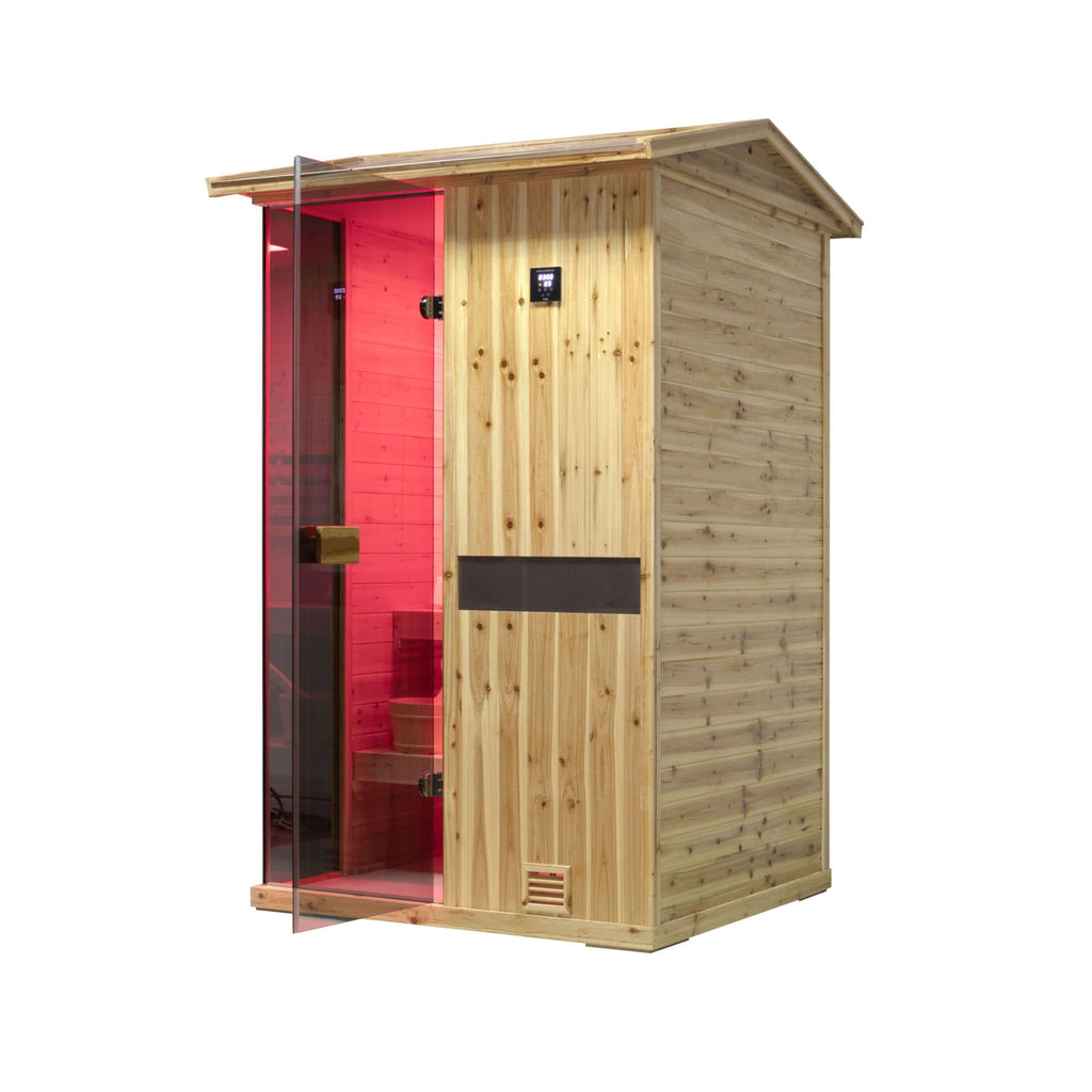 Thermora Premium 2-Person Outdoor Wooden Steam Sauna Room With Smart Control Panel And Bluetooth Audio (SAK52918) - Saksby Wholesale - Side View