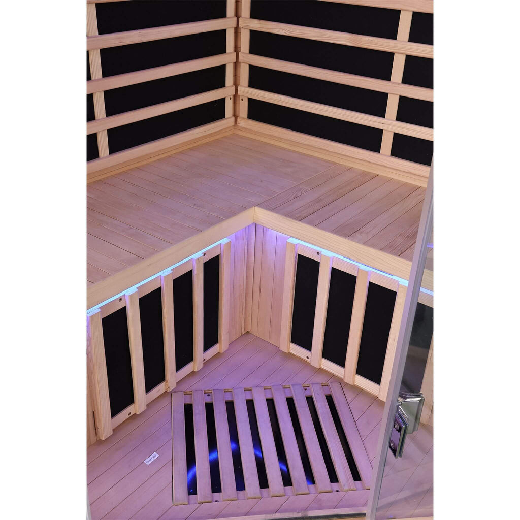Thermora Premium Canadian Hemlock 2-Person Indoor Infrared Sauna Room With Glass Front (SAK21495) - Saksby Wholesale - Bench Inside View