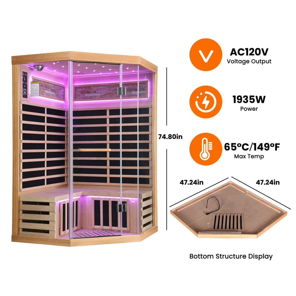 Thermora Premium Canadian Hemlock 2-Person Indoor Infrared Sauna Room With Glass Front (SAK21495) - Saksby Wholesale - Dimensions and Temperature