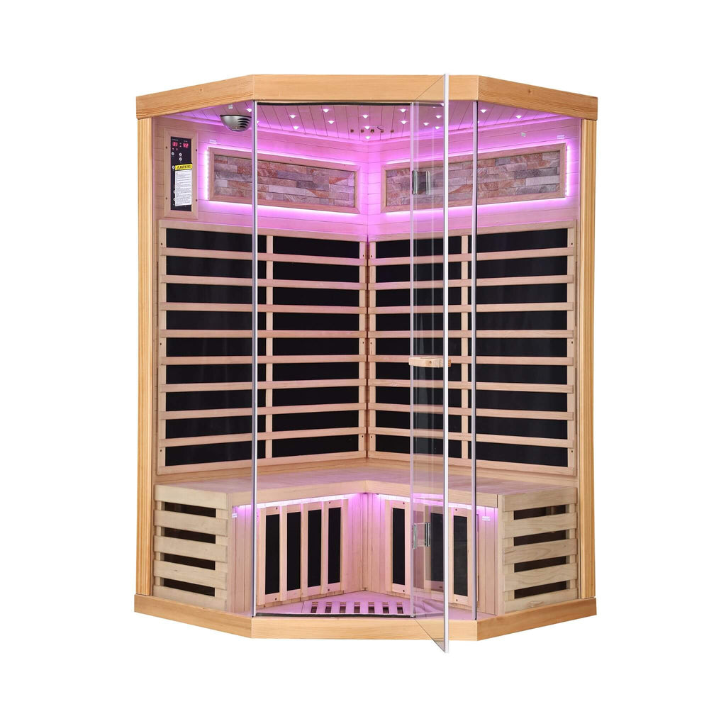 Thermora Premium Canadian Hemlock 2-Person Indoor Infrared Sauna Room With Glass Front (SAK21495) - Saksby Wholesale - Front Side View Violet Light