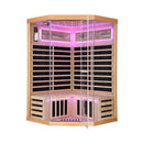 Thermora Premium Canadian Hemlock 2-Person Indoor Infrared Sauna Room With Glass Front (SAK21495) - Saksby Wholesale - Front Side View Violet Light