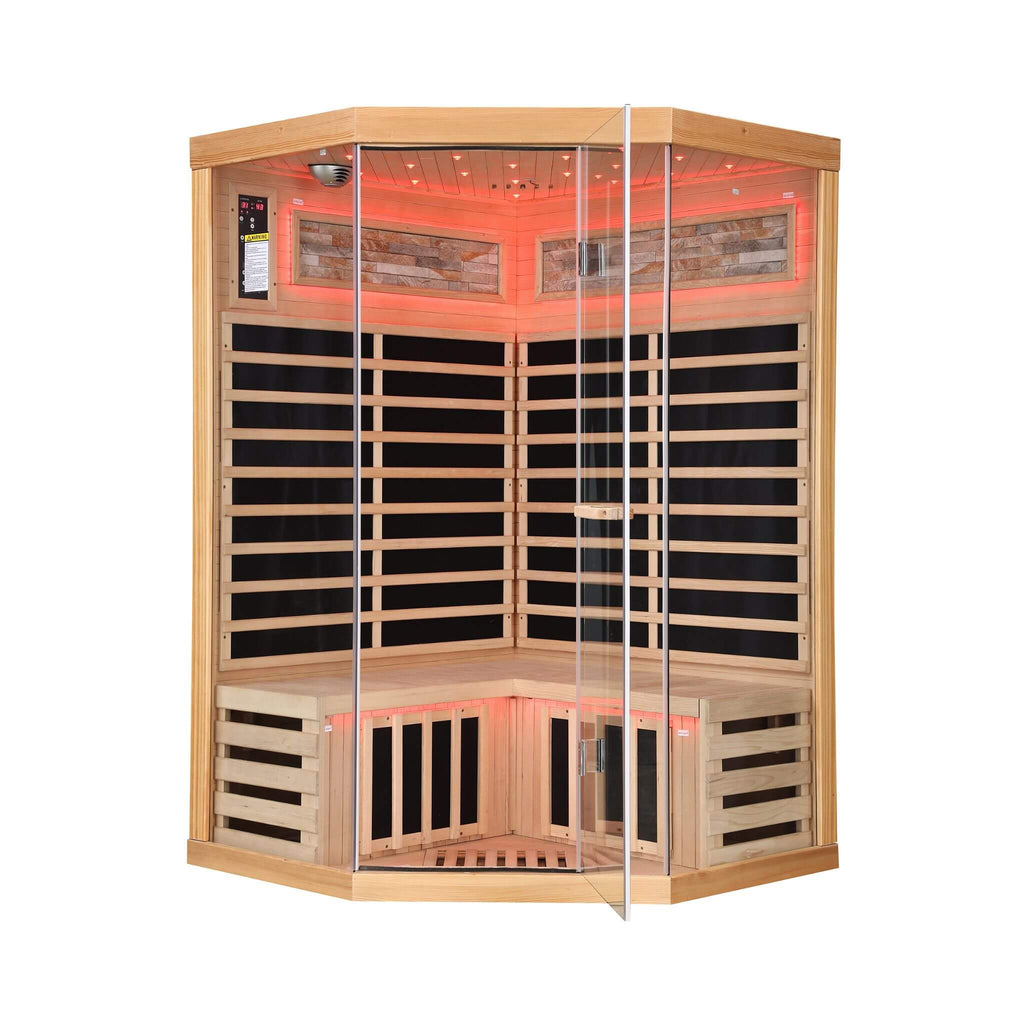 Thermora Premium Canadian Hemlock 2-Person Indoor Infrared Sauna Room With Glass Front (SAK21495) - Saksby Wholesale - Front View Red Light