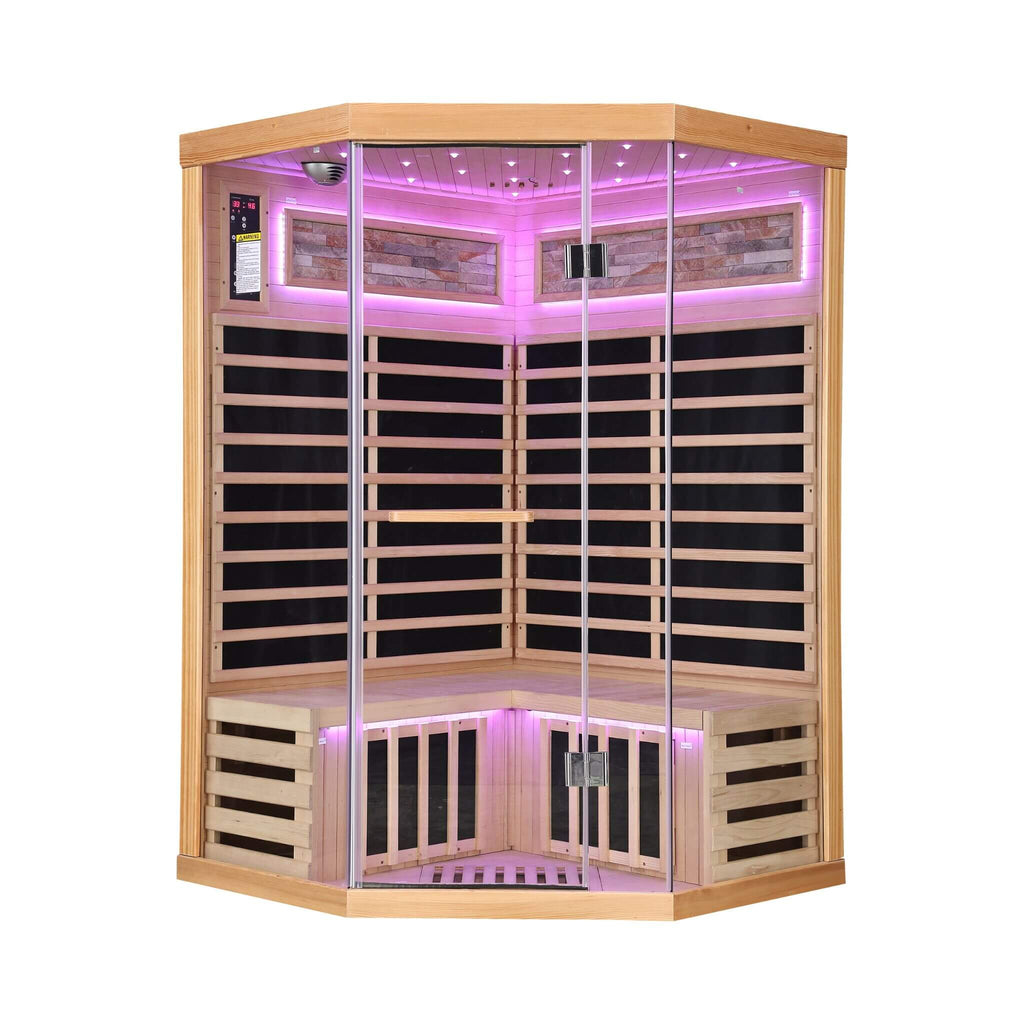 Thermora Premium Canadian Hemlock 2-Person Indoor Infrared Sauna Room With Glass Front (SAK21495) - Saksby Wholesale - Front View Violet Light