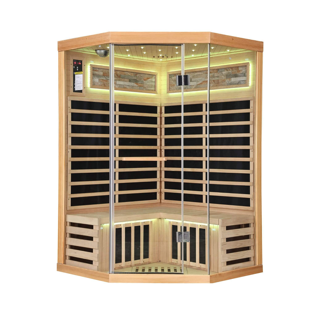 Thermora Premium Canadian Hemlock 2-Person Indoor Infrared Sauna Room With Glass Front (SAK21495) - Saksby Wholesale - Front View Yellow Light