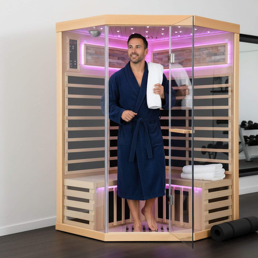 Thermora Premium Canadian Hemlock 2-Person Indoor Infrared Sauna Room With Glass Front (SAK21495) - Saksby Wholesale - Indoor View