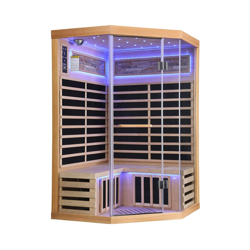Thermora Premium Canadian Hemlock 2-Person Indoor Infrared Sauna Room With Glass Front (SAK21495) - Saksby Wholesale - Side View Blue Light