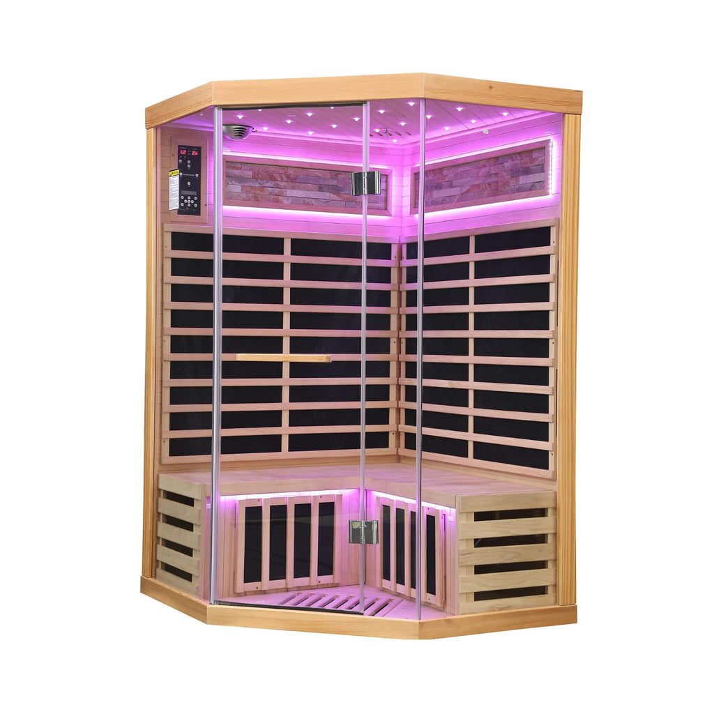Thermora Premium Canadian Hemlock 2-Person Indoor Infrared Sauna Room With Glass Front (SAK21495) - Saksby Wholesale - Side View Violet Light