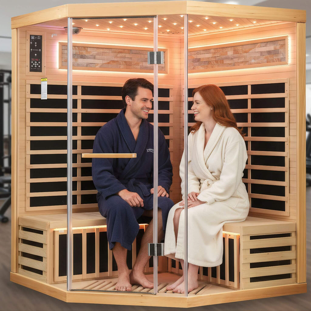 Thermora Premium Canadian Hemlock Pentagonal Indoor Infrared Sauna Room With Glass Front (SAK98673) - Saksby Wholesale - 2-Person Inside