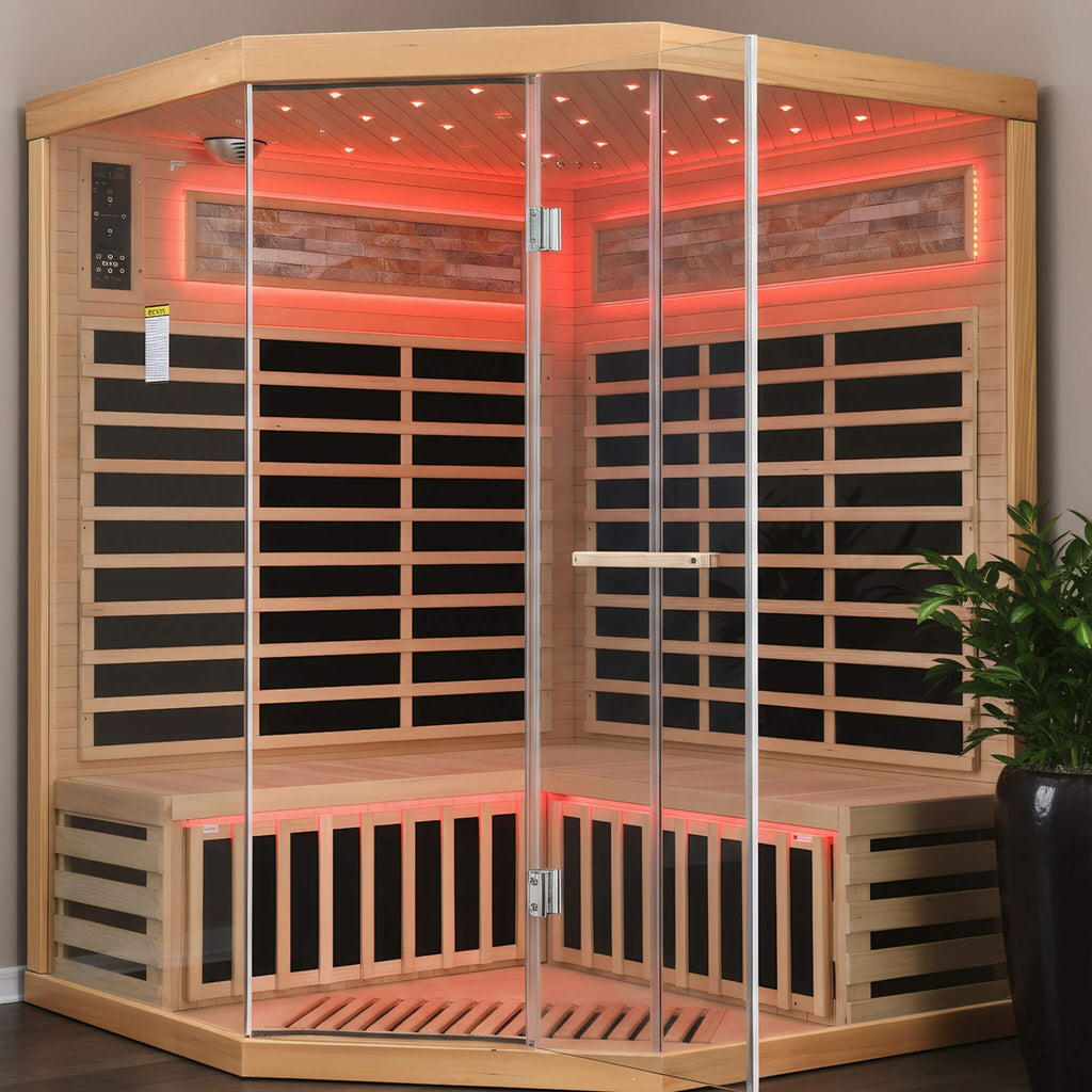 Thermora Premium Canadian Hemlock Pentagonal Indoor Infrared Sauna Room With Glass Front (SAK98673) - Saksby Wholesale - Design View