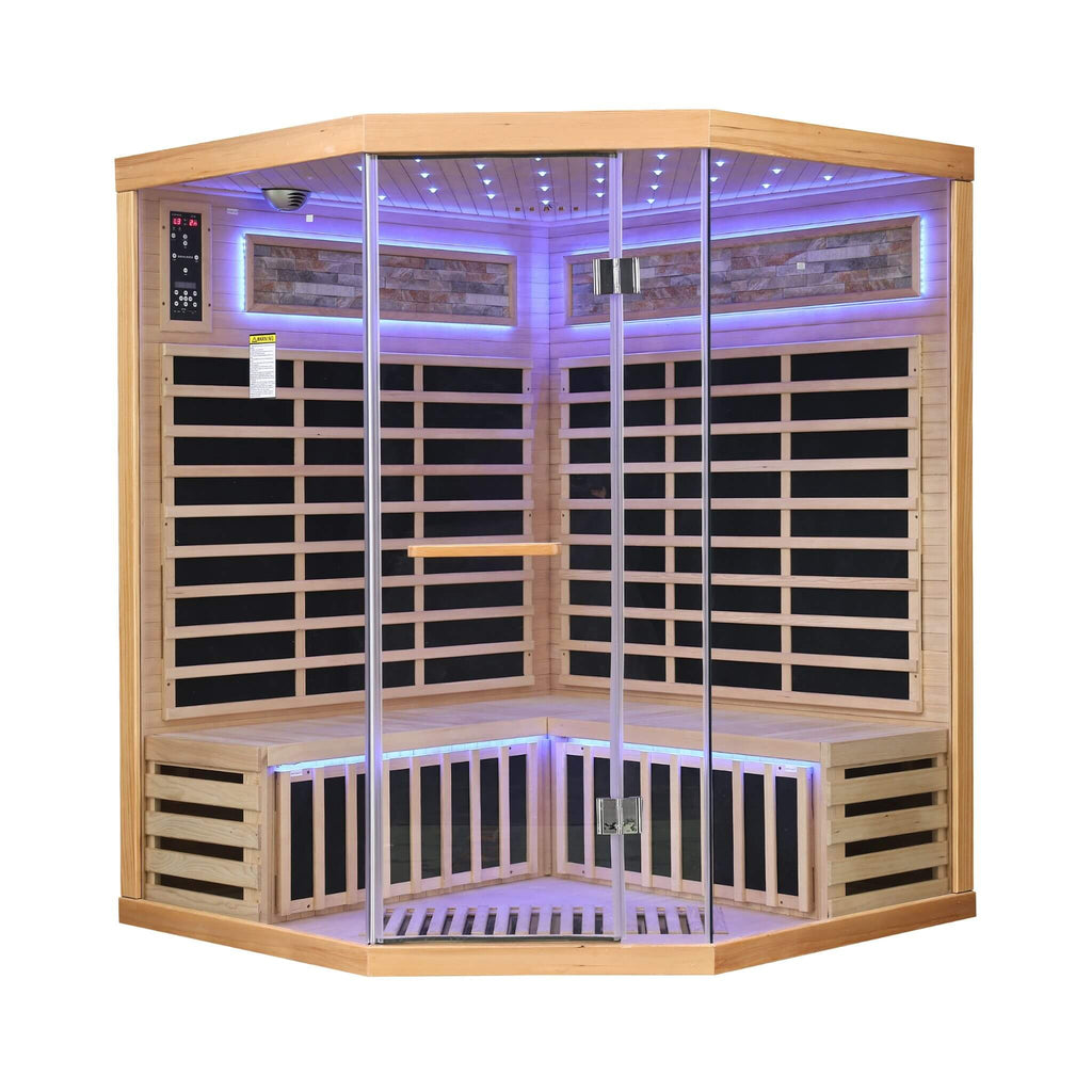 Thermora Premium Canadian Hemlock Pentagonal Indoor Infrared Sauna Room With Glass Front (SAK98673) - Saksby Wholesale - Front View Blue Light