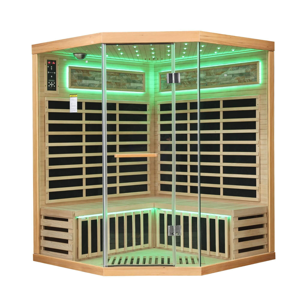 Thermora Premium Canadian Hemlock Pentagonal Indoor Infrared Sauna Room With Glass Front (SAK98673) - Saksby Wholesale - Front View Green Light
