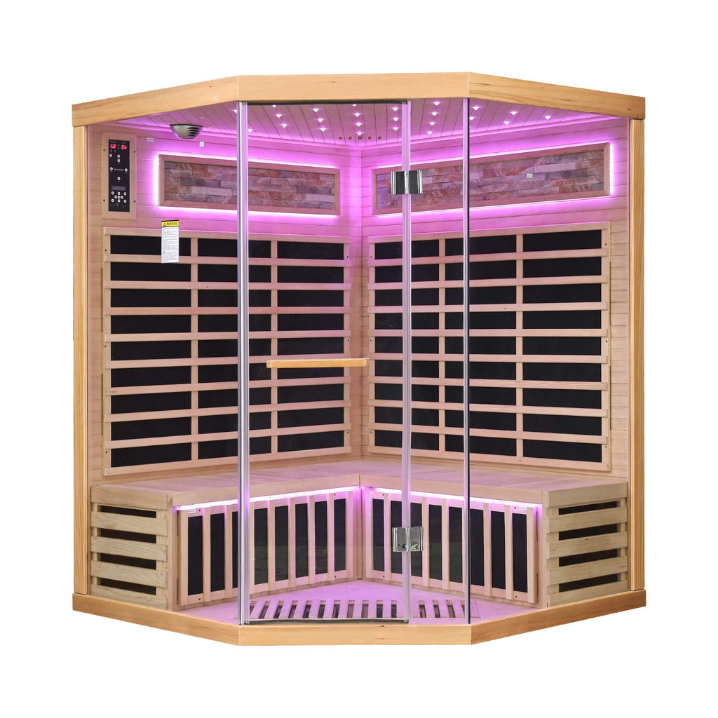 Thermora Premium Canadian Hemlock Pentagonal Indoor Infrared Sauna Room With Glass Front (SAK98673) - Saksby Wholesale - Front View Violet Light