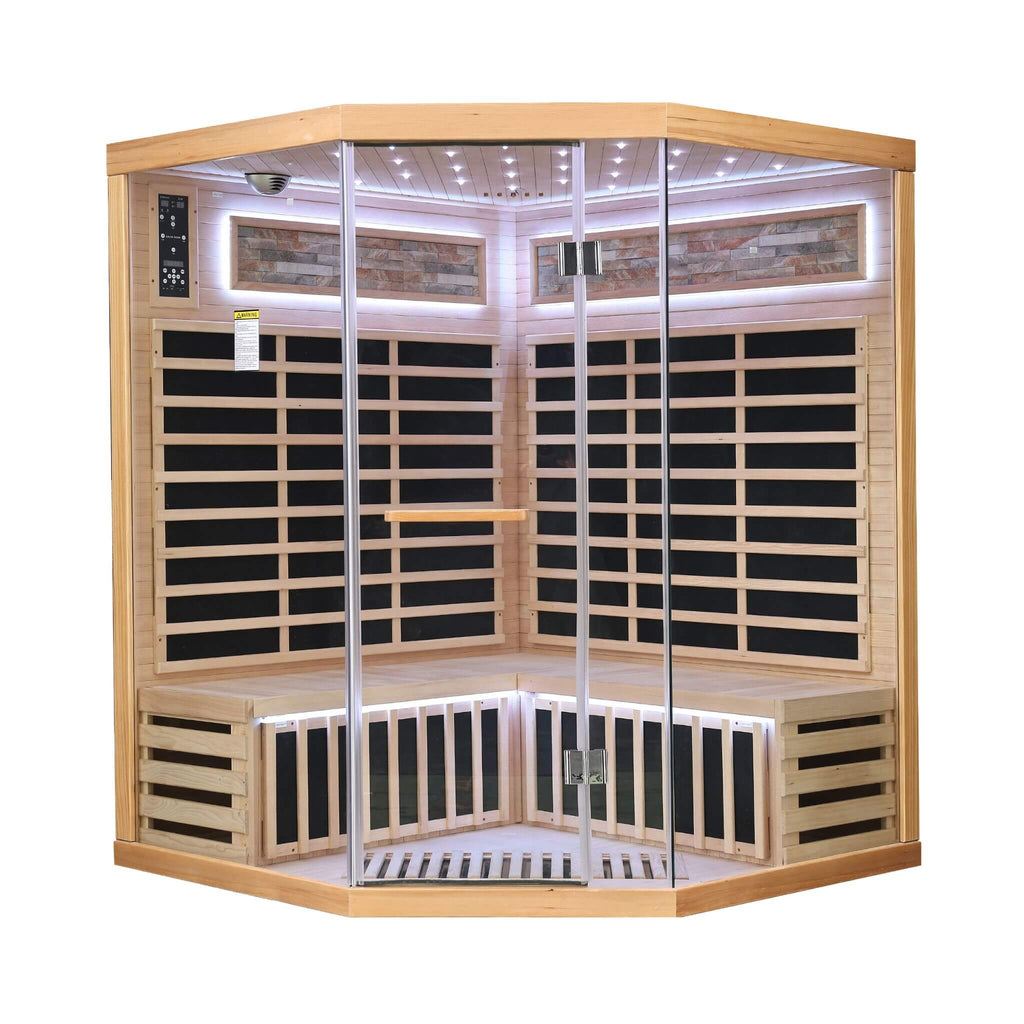 Thermora Premium Canadian Hemlock Pentagonal Indoor Infrared Sauna Room With Glass Front (SAK98673) - Saksby Wholesale - Front View