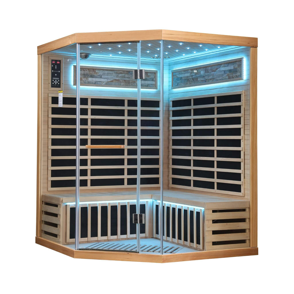 Thermora Premium Canadian Hemlock Pentagonal Indoor Infrared Sauna Room With Glass Front (SAK98673) - Saksby Wholesale - Side View BLue Light