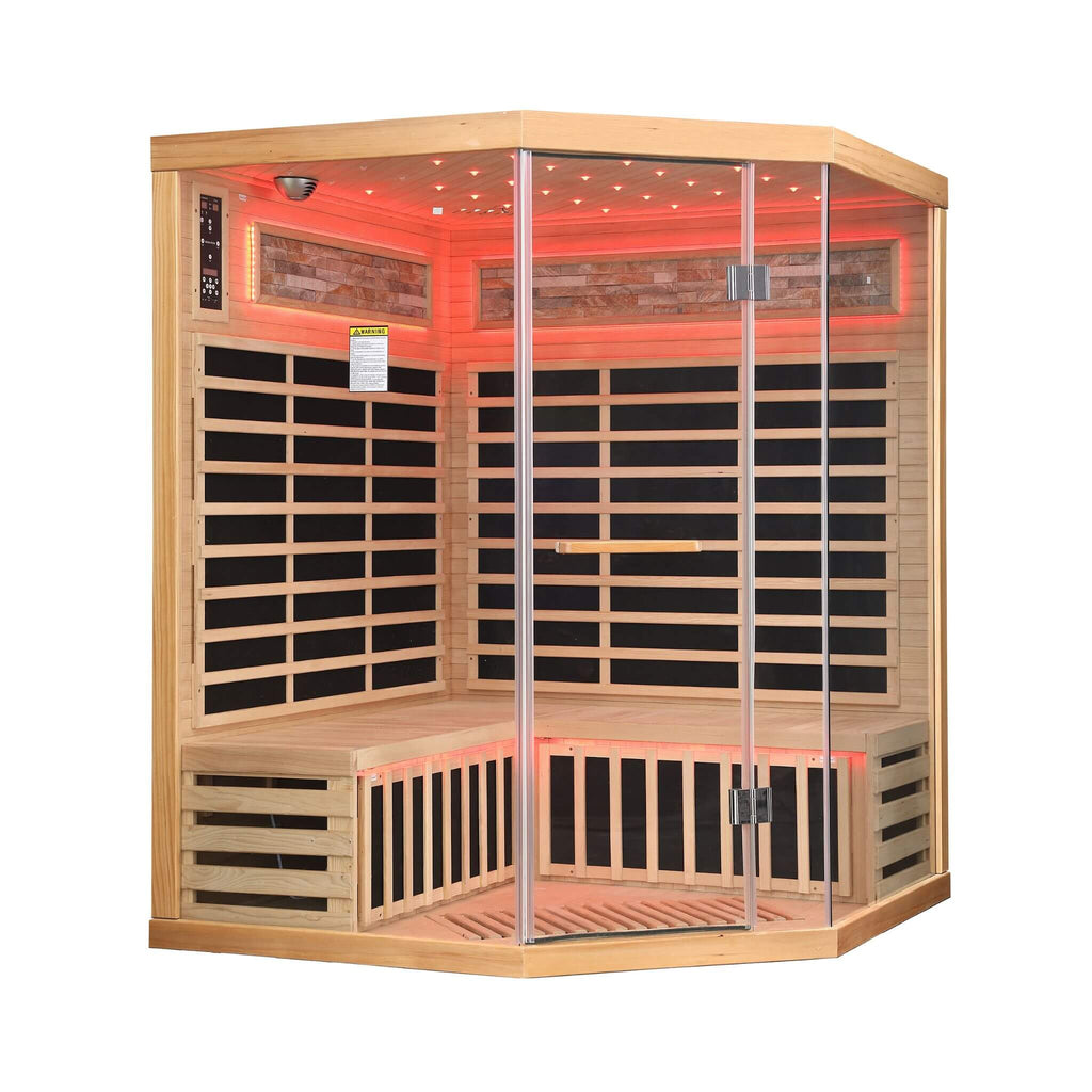 Thermora Premium Canadian Hemlock Pentagonal Indoor Infrared Sauna Room With Glass Front (SAK98673) - Saksby Wholesale - Side View Red Light