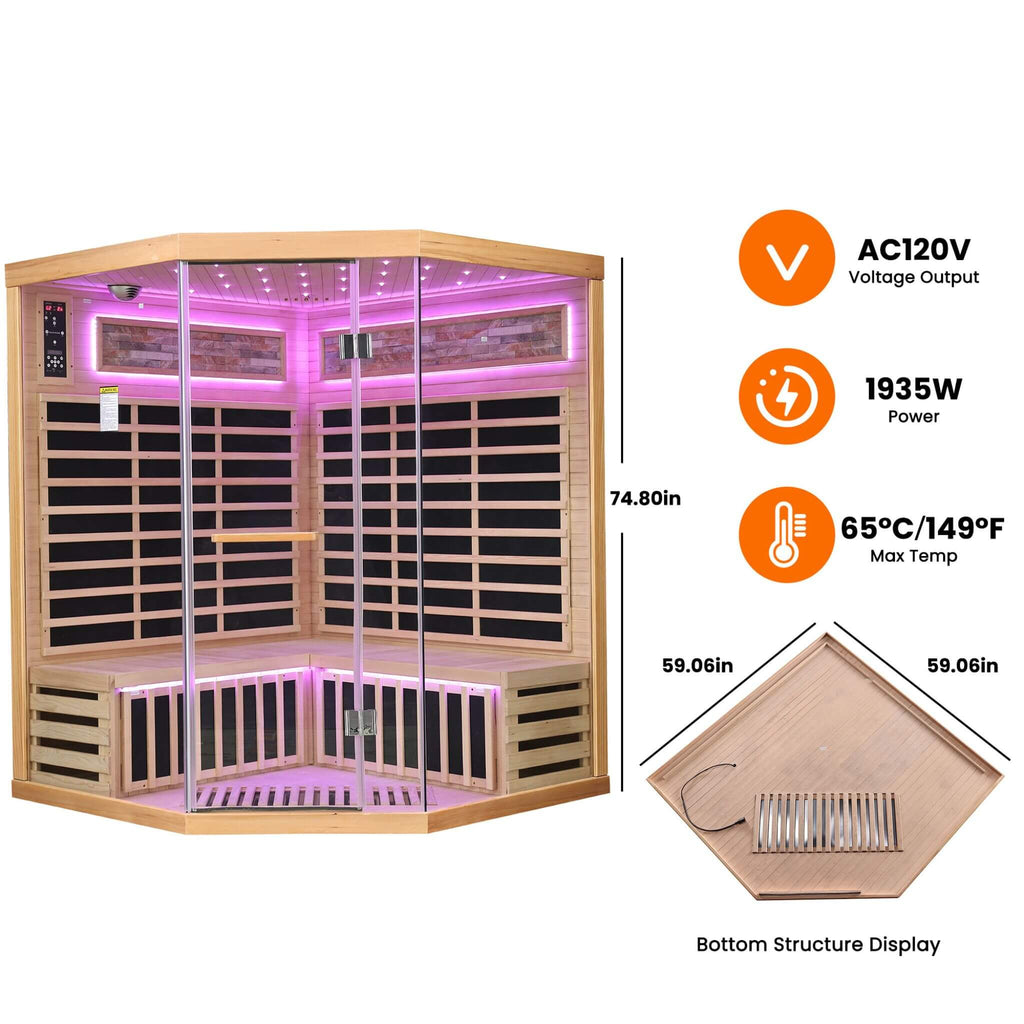 Thermora Premium Canadian Hemlock Pentagonal Indoor Infrared Sauna Room With Glass Front (SAK98673) - Saksby Wholesale - Specifications