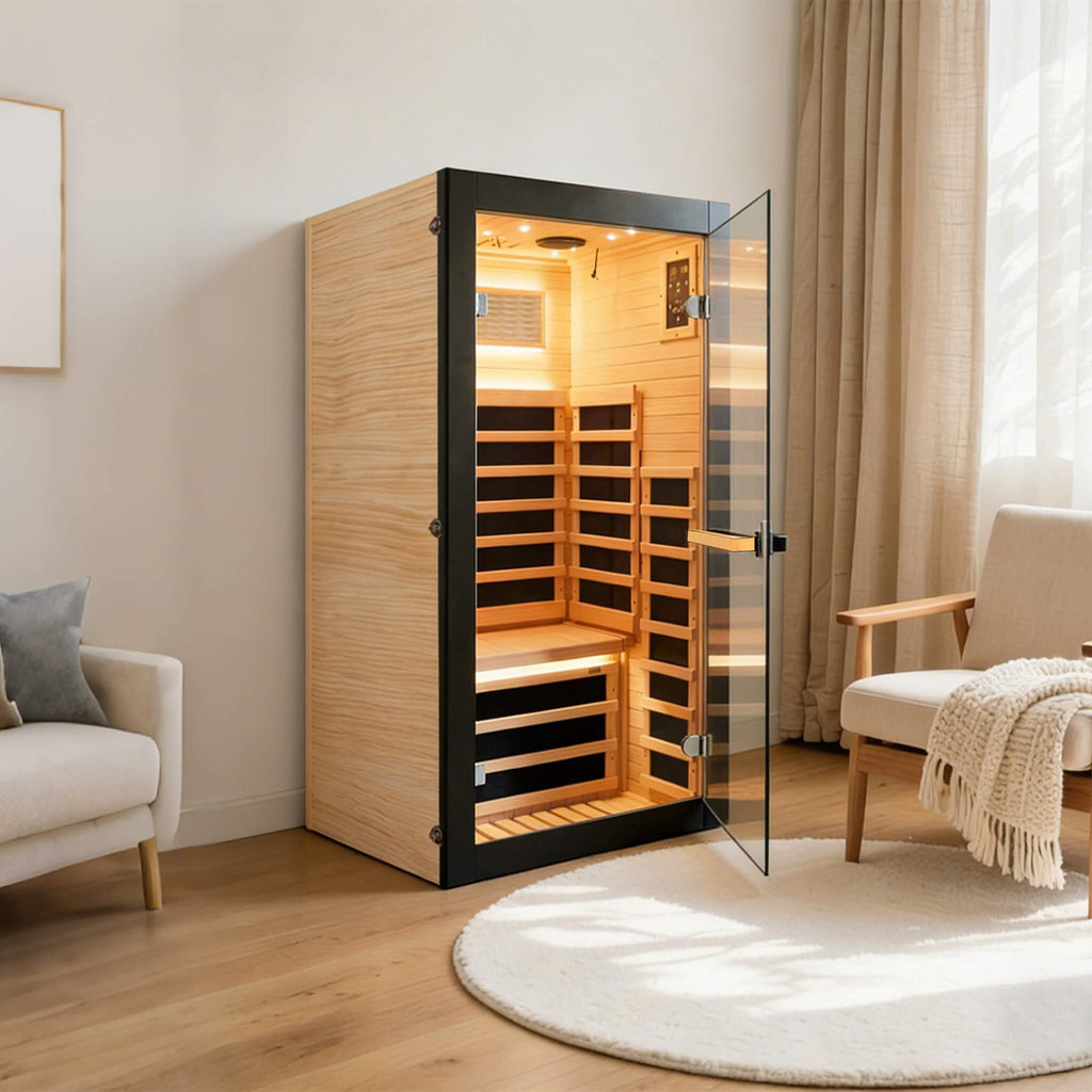 Thermora Single-Person Ameican White Oak Infrared Sauna Cabin (SAK57926) - Saksby Wholesale - Lifestyle Image
