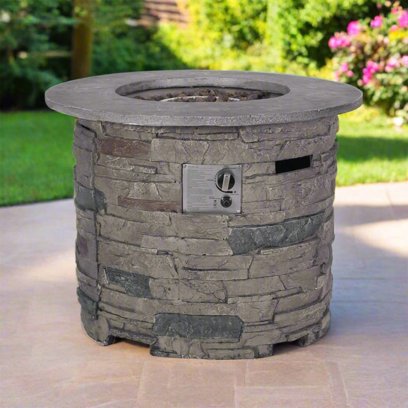 Transitional Concrete Outdoor 32 Inch Round Propane Fire Pit Table, Gray (SAK48268) - Saksby Wholesale - In Backyard