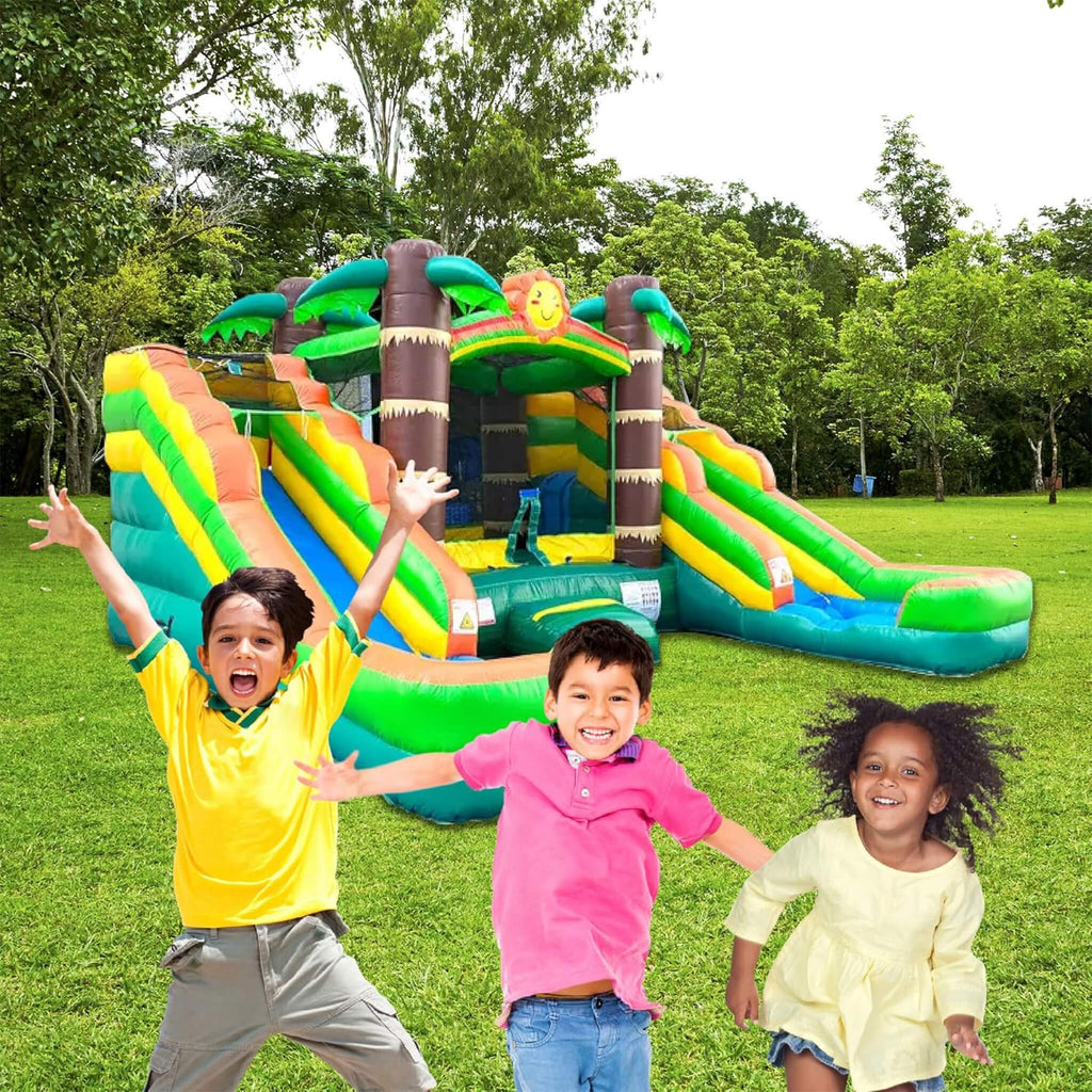 Tropical Bounce House Combo With Double Water Slides (SAK92508) - Saksby Wholesale - Lifestyle Image With Kids