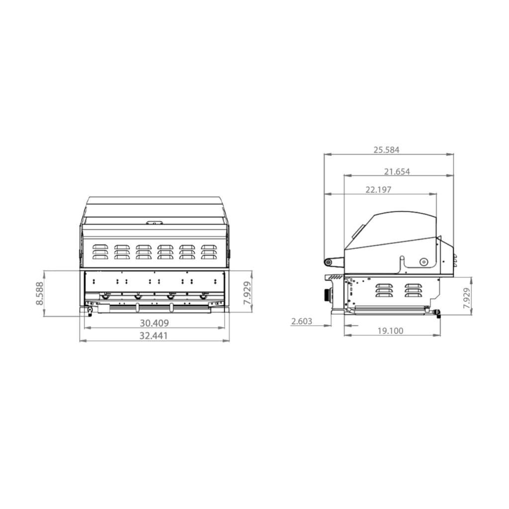 TrueFlame E Series Built-In Stainless Steel Gas Grill With 3 To 4 Burners (SAK13784) SAKSBY - 32" Dimensions View