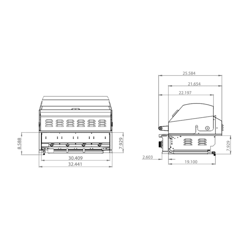 TrueFlame E Series Built-In Stainless Steel Gas Grill With 3 To 4 Burners (SAK13784) SAKSBY - 32" Dimensions View