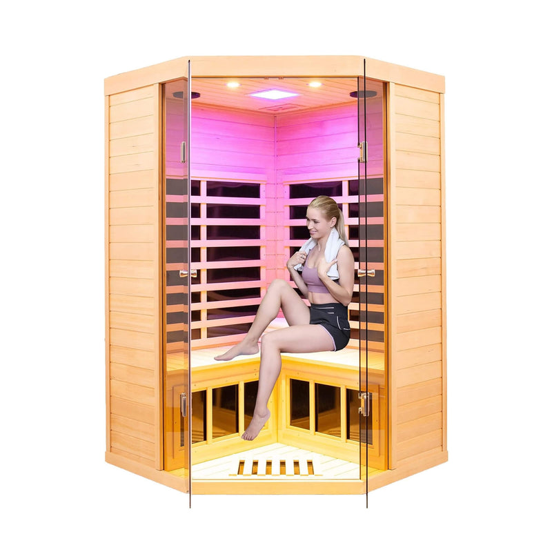 Premium 2-Person Corner Space Infrared Wooden Sauna Room With Bluetooth Speakers, 1600W (SAK81524)