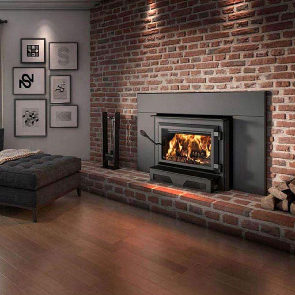 Ventis HEI240 Premium Black Extra Large Wood Fireplace Insert - Saksby Wholesale - Front Left View In Living Room