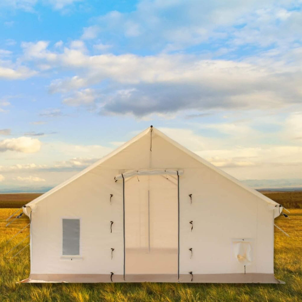 [14X16FT] White Duck Alpha Pro Four Season Wall Tent W/ PVC Floor And Aluminum Frame (SAK51982) - Saksby Wholesale - Lifestyle Image In Outdoor Setup