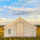 [14X16FT] White Duck Alpha Pro Four Season Wall Tent W/ PVC Floor And Aluminum Frame (SAK51982) - Saksby Wholesale - Lifestyle Image In Outdoor Setup