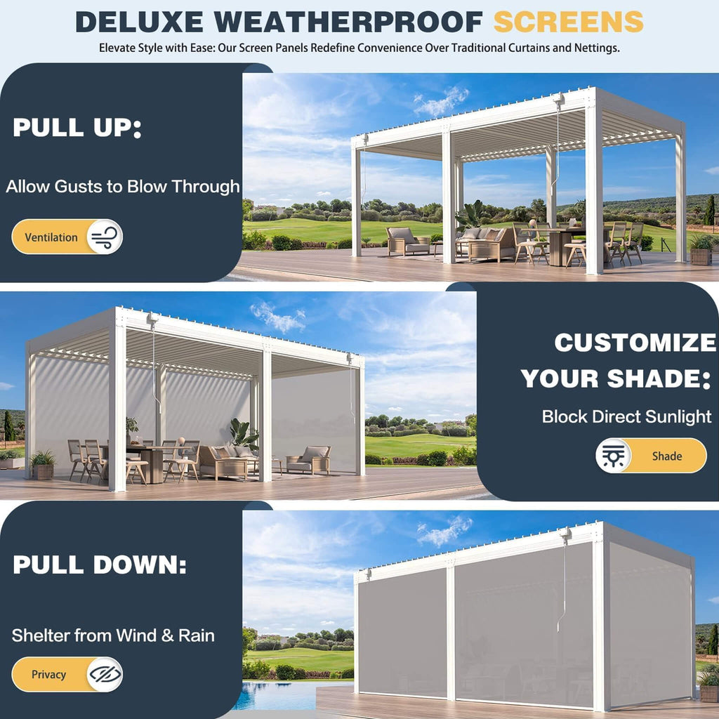 White Louvered Aluminum Pergola With Adjustable Roof And Pull-Down Screens (SAK46817) - Saksby Wholesale - Different Screen Setups