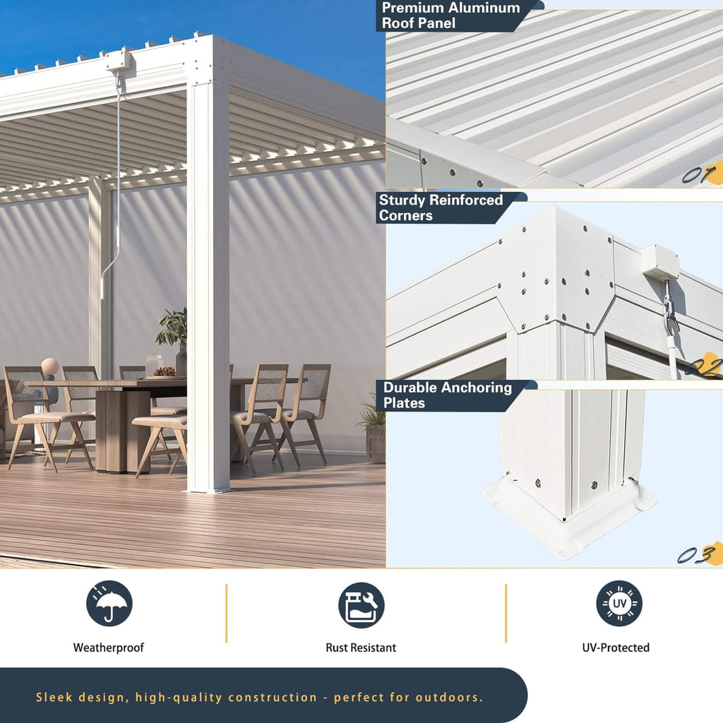 White Louvered Aluminum Pergola With Adjustable Roof And Pull-Down Screens (SAK46817) - Saksby Wholesale - Frame