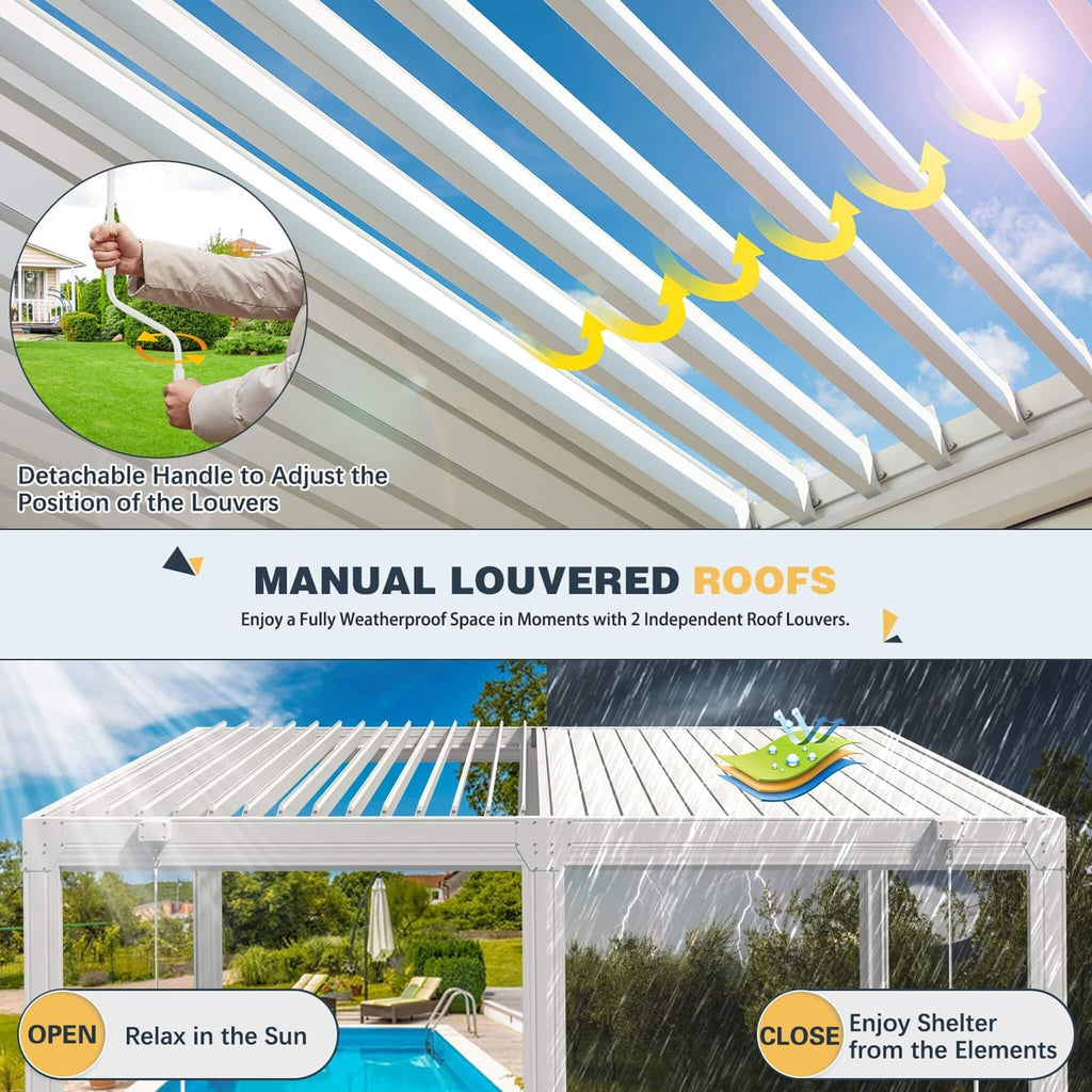 White Louvered Aluminum Pergola With Adjustable Roof And Pull-Down Screens (SAK46817) - Saksby Wholesale - Manual Louvered Roof