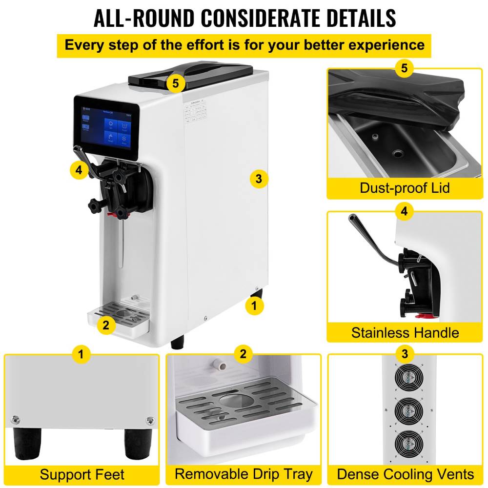 1000W Commercial Home Soft Serve Frozen Yogurt Ice Cream Maker Machine, 4.5L Zoom Parts View