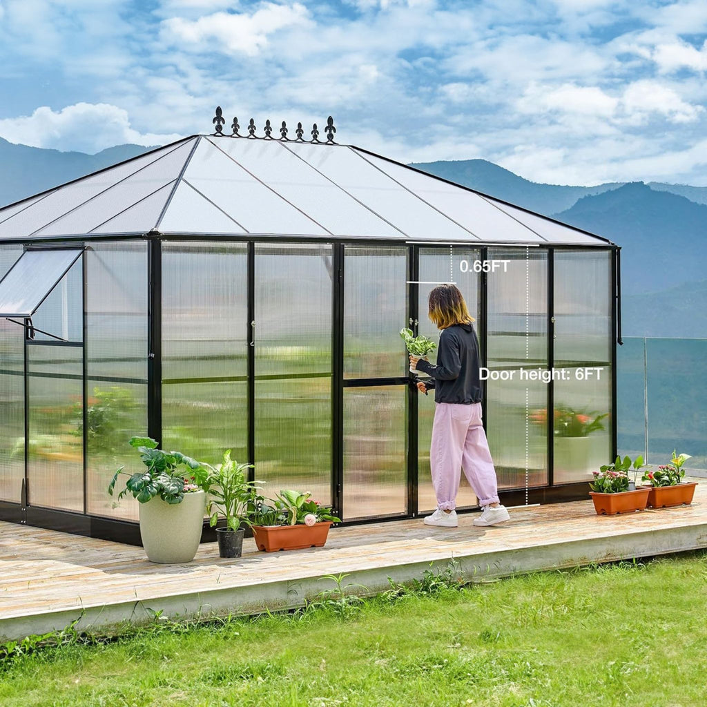 [10X14FT] Premium Outdoor Polycarbonate Greenhouse With Aluminum Frame And Double Swing Doors (SAK23168) - Saksby Wholesale - Dimensions
