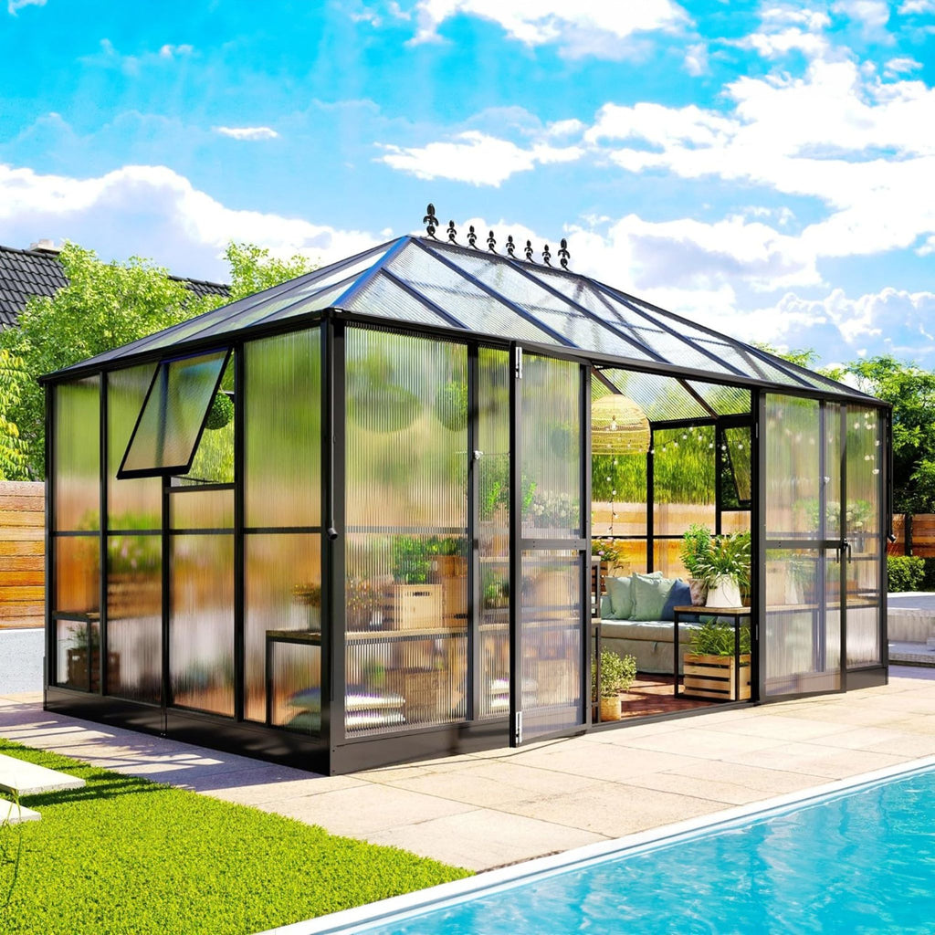 [10X14FT] Premium Outdoor Polycarbonate Greenhouse With Aluminum Frame And Double Swing Doors (SAK23168) - Saksby Wholesale - Outdoor Lifestyle Image