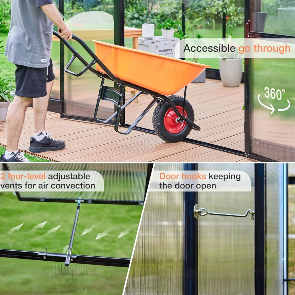 [10X14FT] Premium Outdoor Polycarbonate Greenhouse With Aluminum Frame And Double Swing Doors (SAK23168) - Saksby Wholesale - Product Parts Features
