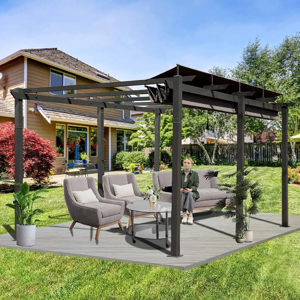 [11X16FT] Outdoor Retractable Backyard Aluminum Metal Pergola Gazebo With Roof (SAK16804) - Saksby Wholesale - Outdoor View