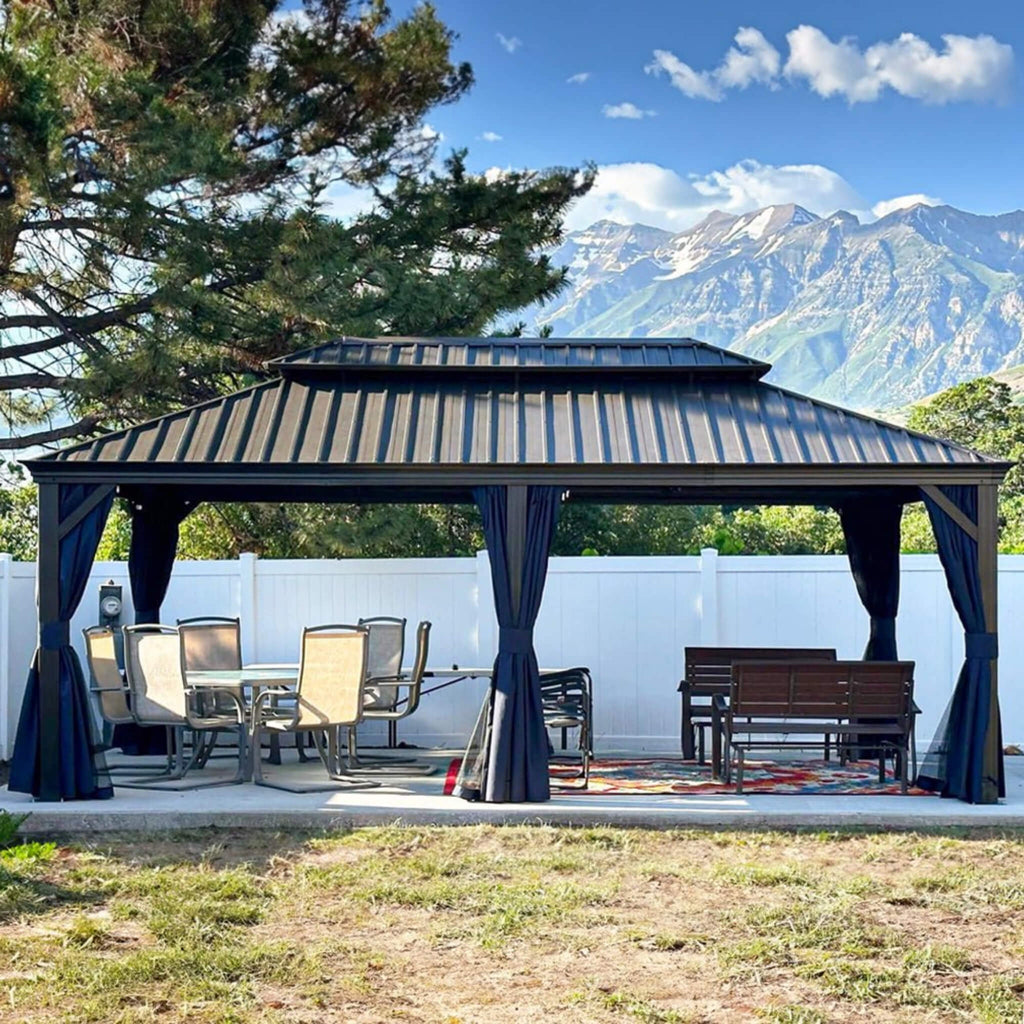 [12X20FT] Heavy-Duty Outdoor Backyard Hardtop Gazebo With Netting And Curtains (SAK18352) - Saksby Wholesale - Navy Blue Lifestyle Front View