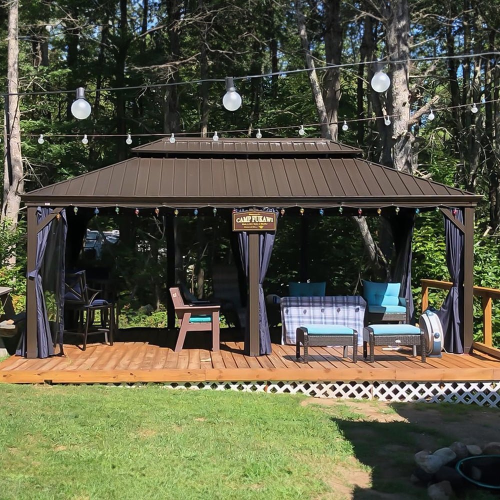 12 x 20' Heavy Duty Outdoor Backyard Hardtop Gazebo With Netting And Curtains, (97418352) - Demonstration View