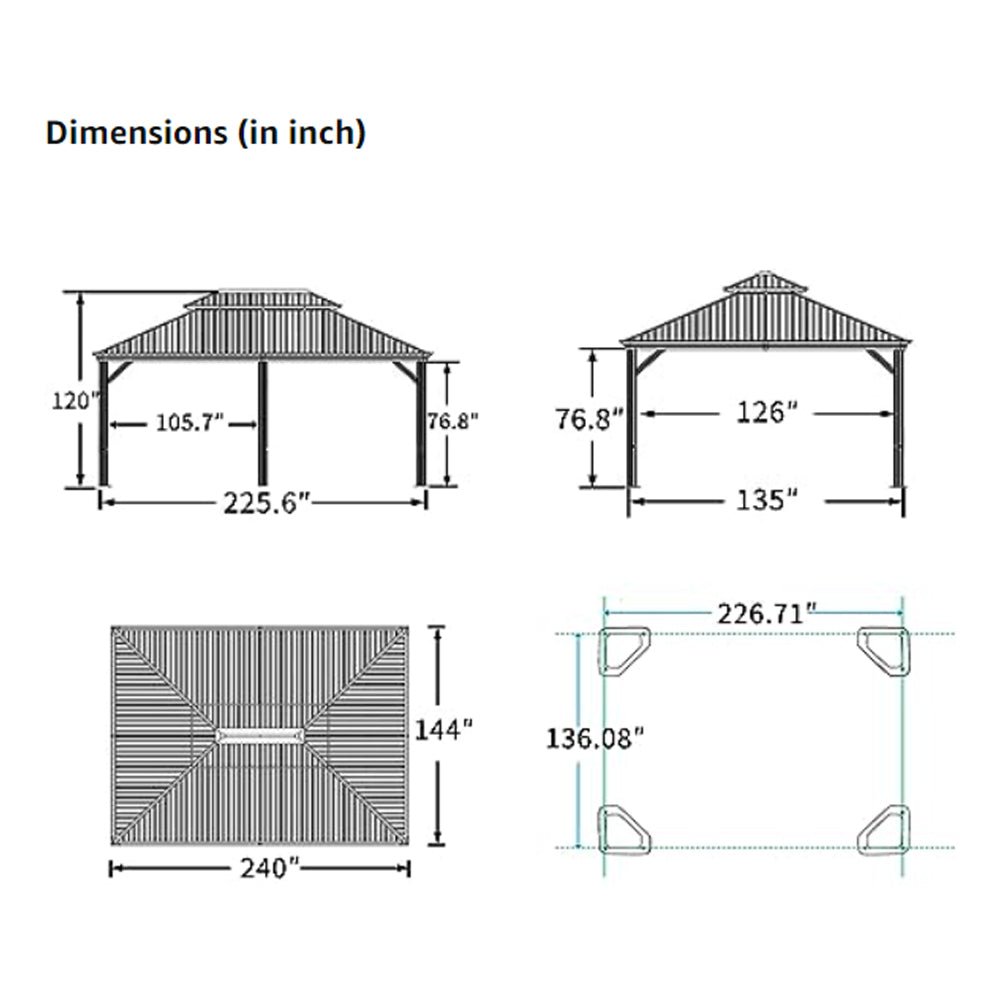 12 x 20' Heavy Duty Outdoor Backyard Hardtop Gazebo With Netting And Curtains, (97418352) - SAKSBY.com -Measurement View