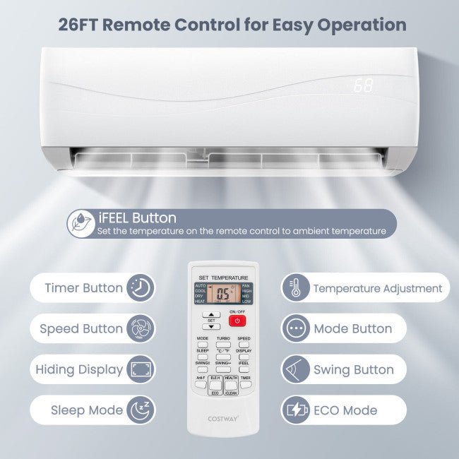 12000 BTU Mini Split Wall Mounted Air Conditioner & Ductless Heater W/ 5 Operation Modes (97253816) - Zoom Parts View
