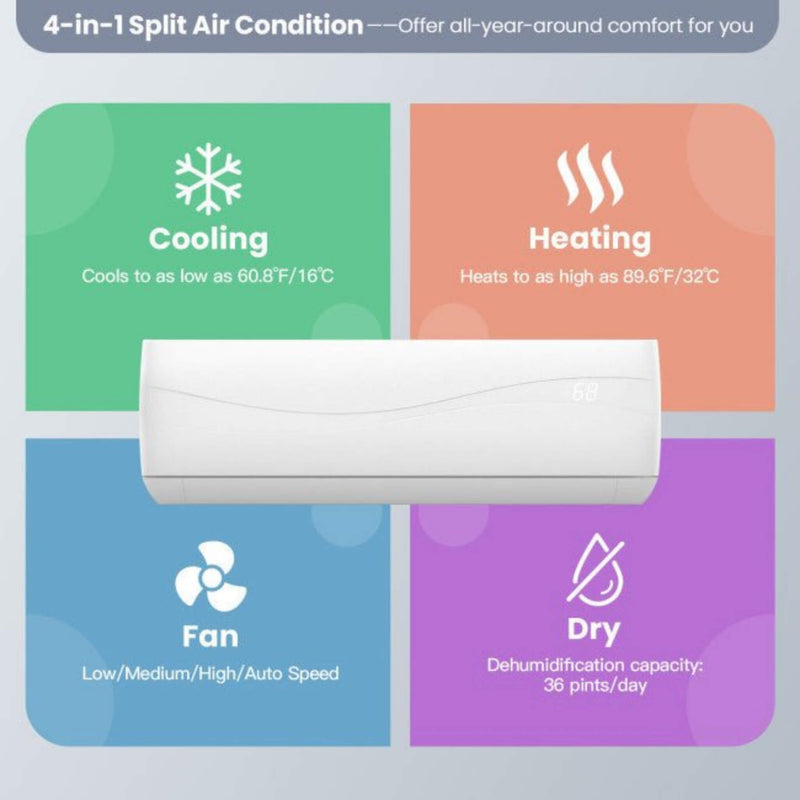 12000 BTU Mini Split Wall Mounted Air Conditioner & Ductless Heater W/ 5 Operation Modes (SAK53842) - Saksby Wholesale - 4 in 1 View