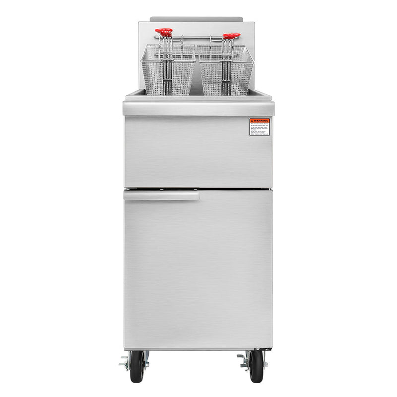 120K BTU Commercial Stainless Steel Gas Powered Floor Deep Fryer With Baskets, 50-55 LBS Front View