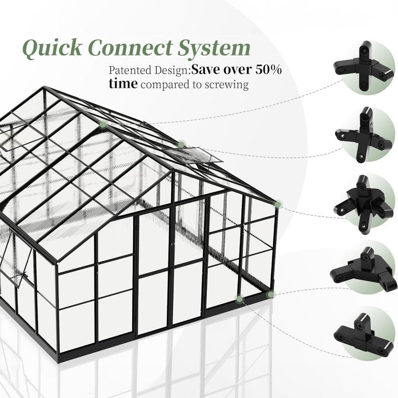 [12x13.5FT] Premium Extra Large Outdoor Aluminum Poylcarbonate Greenhouse With Quick Connect Fitting Sak63725 Saksby -
Connect System