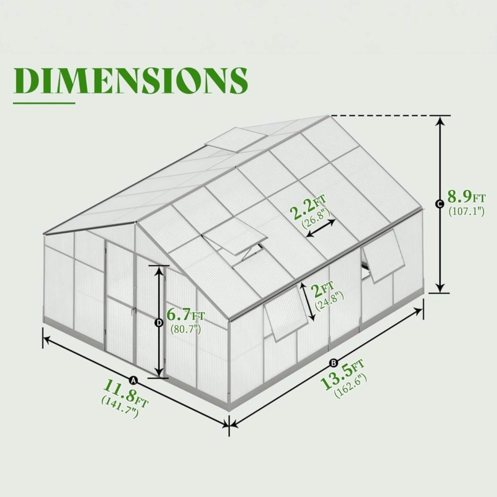 [12x13.5FT] Premium Extra Large Outdoor Aluminum Poylcarbonate Greenhouse With Quick Connect Fitting Sak63725 Saksby - Dimensions
