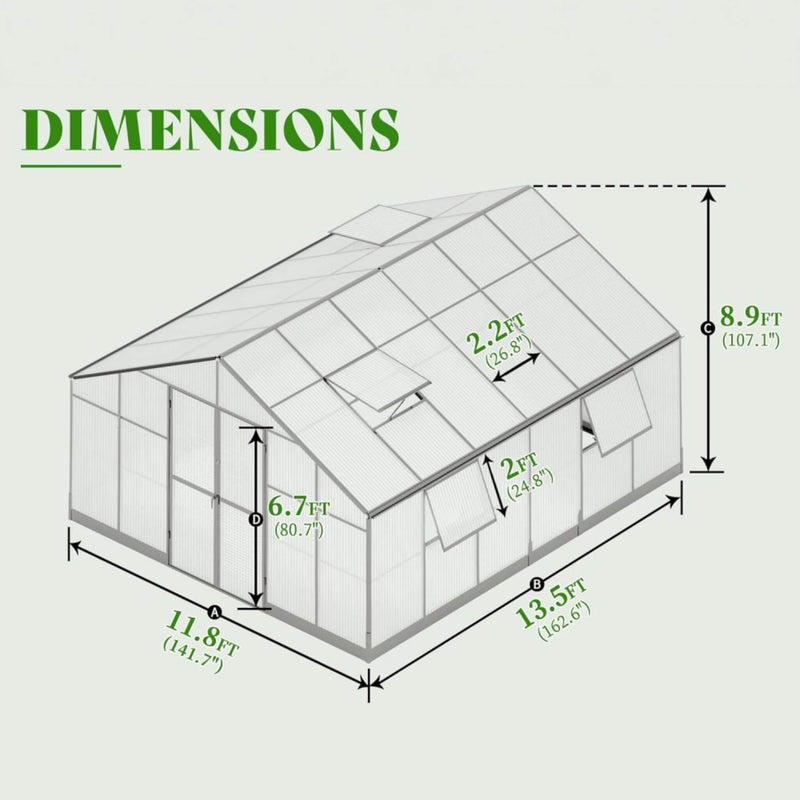[12x13.5FT] Premium Extra Large Outdoor Aluminum Poylcarbonate Greenhouse With Quick Connect Fitting Sak63725 Saksby - Dimensions